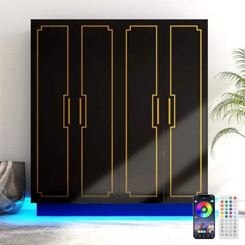 70in LED 4 Doors Armoires Wardrobe Closet&Cabinet with Metal Hanging Rod, Freestanding Bedroom Black Tall Armoires with RGB LED 60000-color Lights for Bedroom Office Clothes Organizer