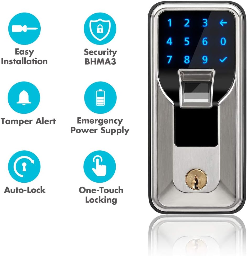 iMagic Electronic Fingerprint Deadbolt, Keypad Entry Door Lock, LED Touch Screen Keypad Lock with Built-in Alarm, One-Touch Locking and Back up Key, Easy to Install for Home and Office (Satin Nickel)