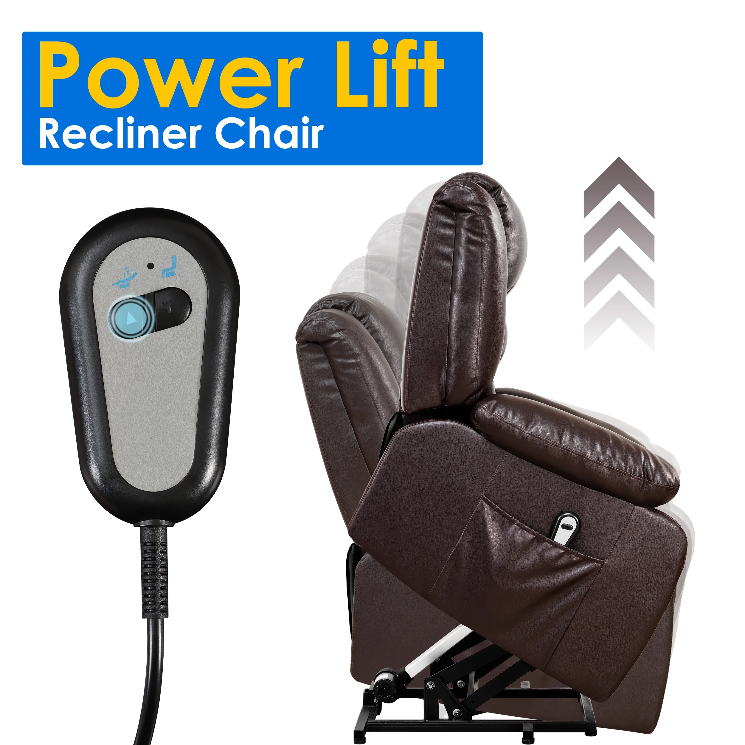 TrumanPick Power Lift Recliner Chair with 2 Side Pockets for Elderly, Faux Leather, Brown