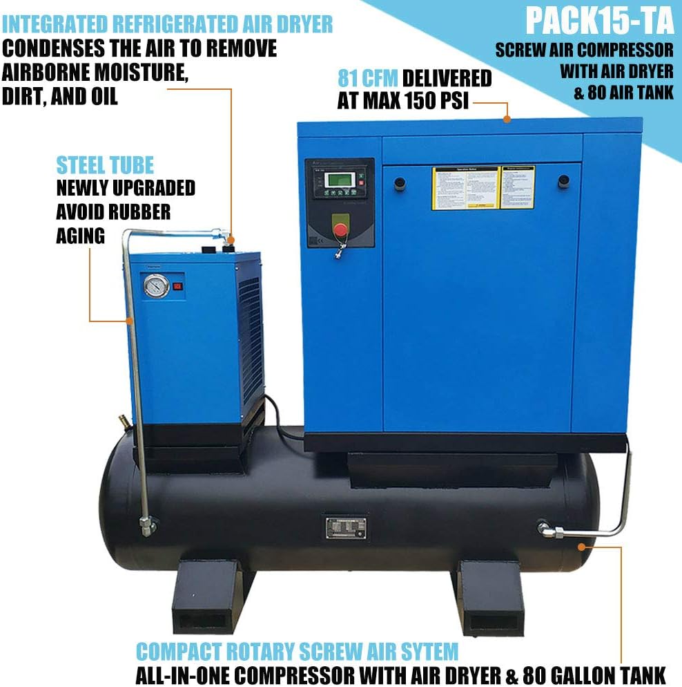 460V 3-Phase Total Rotary Screw Air Compressor with ASME Tank & Refrigerated Dryer - 20HP/15KW - 81CFM/125PSI - 80 Gallon ASME Tank Industrial Air Compressed System Base Mounted Pack15-TA