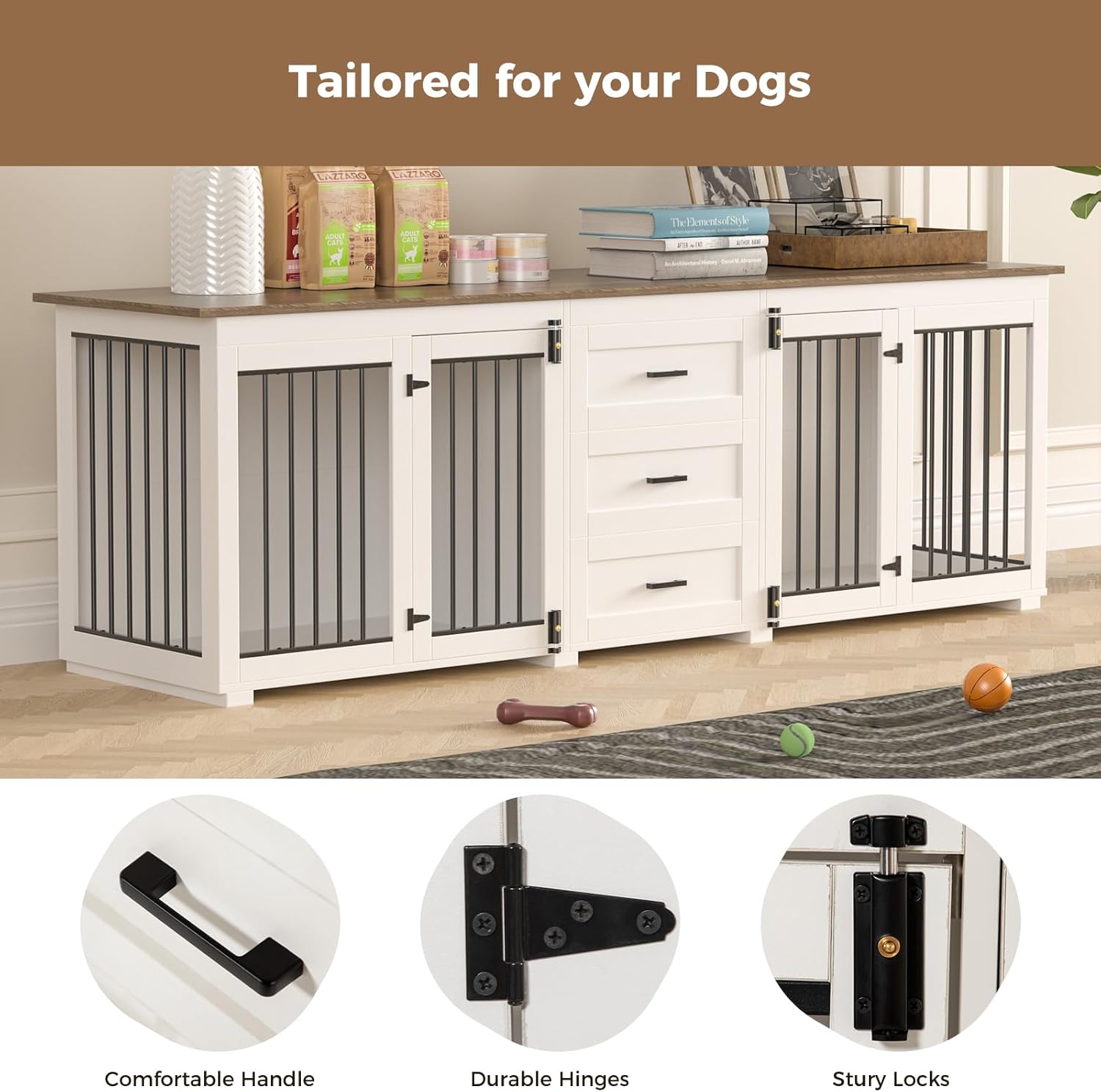 94.5" Large Dog Crate Furniture for 2 Dogs, Wooden Double Dog Kennel Furniture with 3 Drawers, Heavy Duty Indoor Furniture Style Dog Crate/TV Stand - White