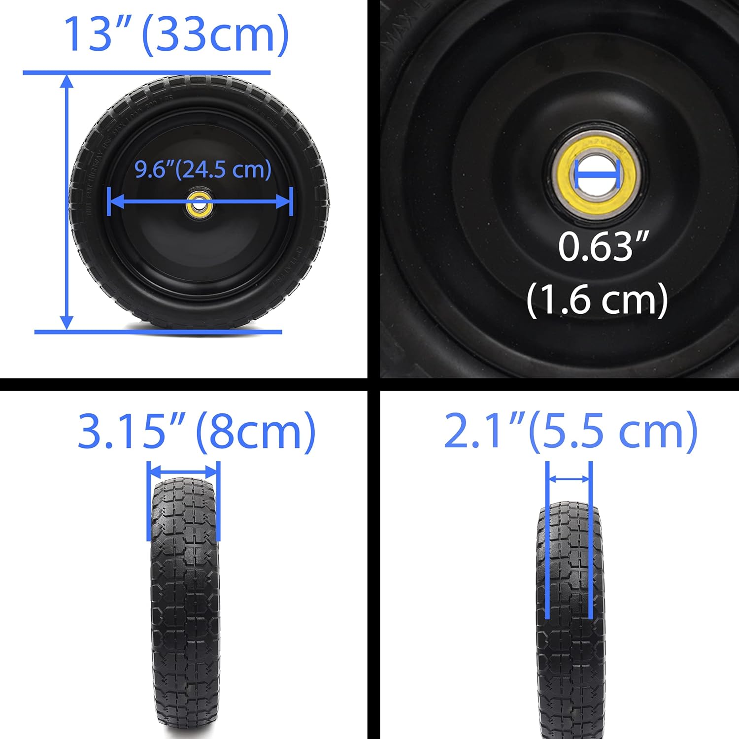(4-Pack) 13‘’ Tire for Gorilla Cart - Solid Polyurethane Flat-Free Tire and Wheel Assemblies - 3.15” Wide Tires with 5/8 Axle Borehole and 2.1” Hub