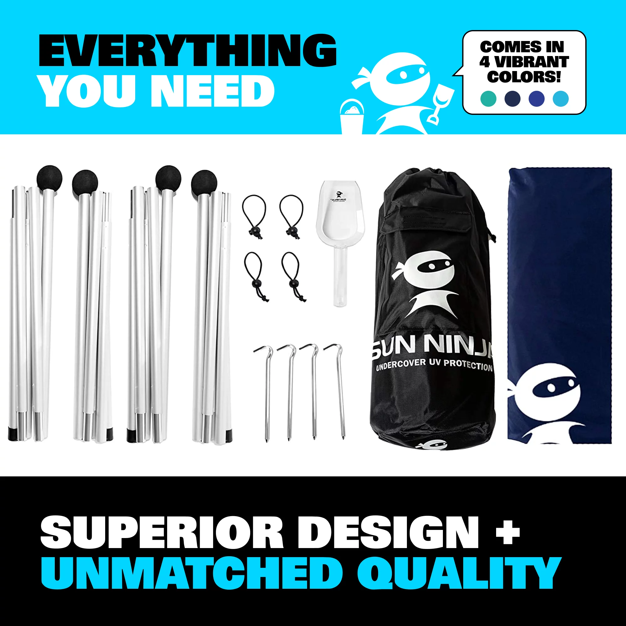 SUN NINJA Pop Up Navy Blue Beach Tent UPF50+ with Shovel, Pegs & Stability Poles