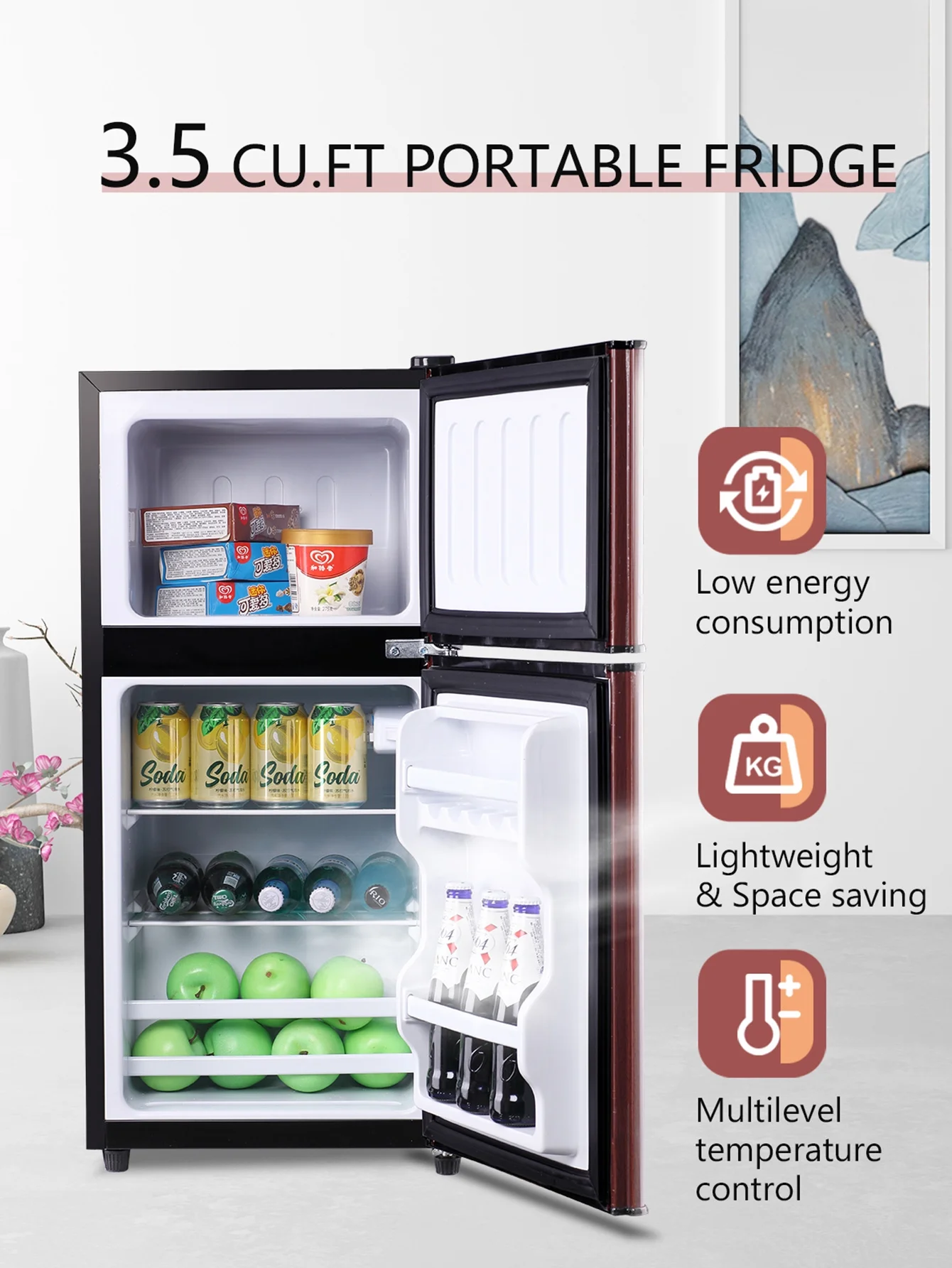 KRIB BLING 3.5 Cu.ft Mini Fridge with 7 Level Thermostat, Compact Refrigerator with Freezer on Top, Ideal for Dorm, Office, Brownwood