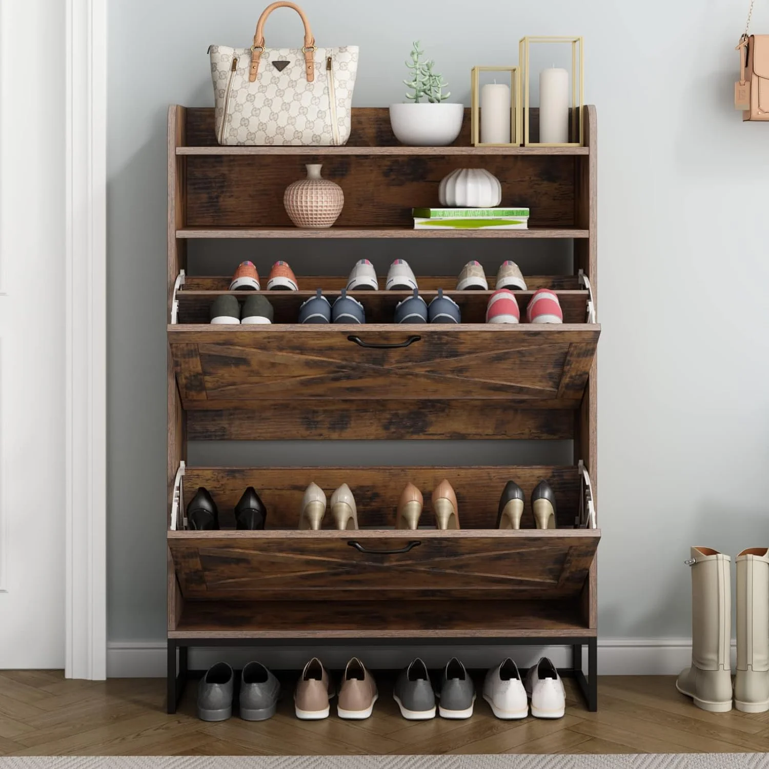 HOOMHIBIU Shoe  Cabinet with 2 Flip Drawers  Freestanding Tipping Bucket Shoe Organizer Cabinet Narrow Hidden Shoe Rack Cabinet with  Cubby for Entryway Slim