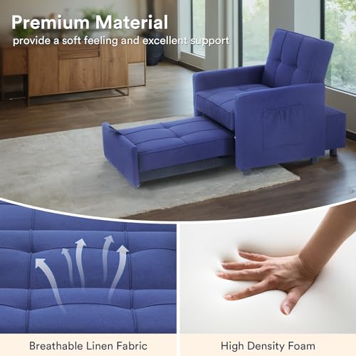 3 in 1 Convertible Sleeper Sofa Bed Pull Out Couch Futon Loveseat Velvet Chaise Lounge with 2 Pockets and 2 Pillows for Living Room, Blue