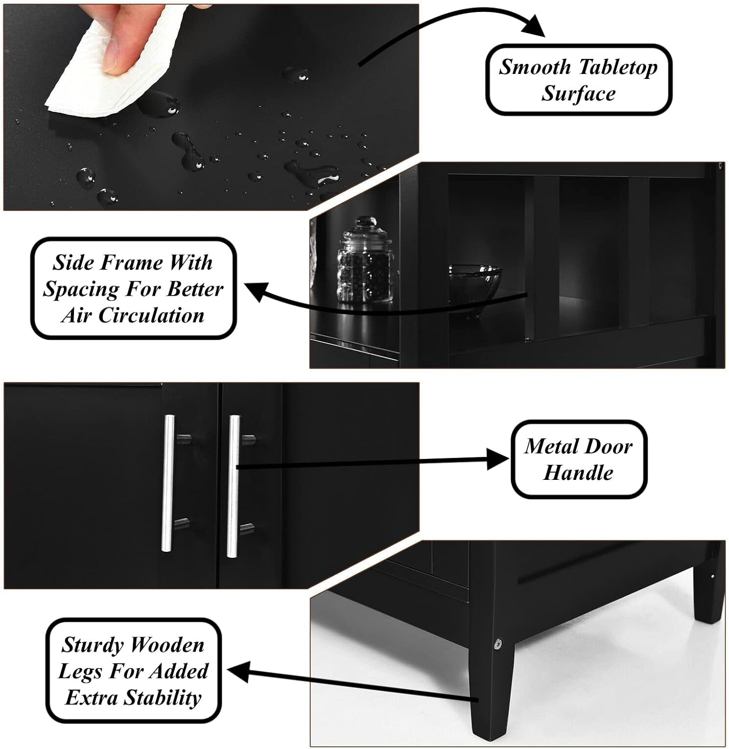 Black Modern Storage Cabinet Cupboard Buffet Server Table Sideboard Dining Room Kitchen Island 2 Doors Spacious Top Open Shelf Pantry Kitchenware Appliance Storage, 45''L×20'' W×36'' H