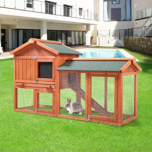 COZIWOW Fashion Durable Wooden Rabbit Hutch Indoor with Removable Tray & Ramp, Bunny Cage Outdoor, Small Animal Houses & Habitats with Waterproof Roof Rabbit Cage(Orange)