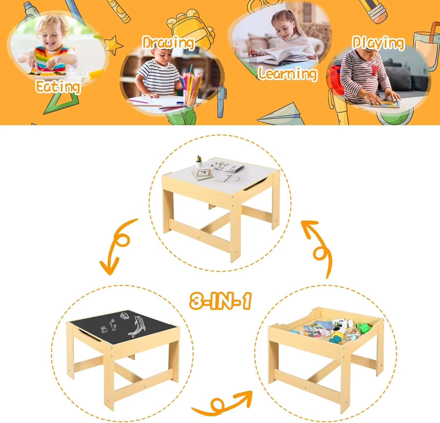 REDCAMP Kids Table and Chair Set, Wooden Activity Table with 2 Chairs,Storage Drawers,Activity Art Table for Toddler Drawing, Reading, Crafts, Play,（Natural）