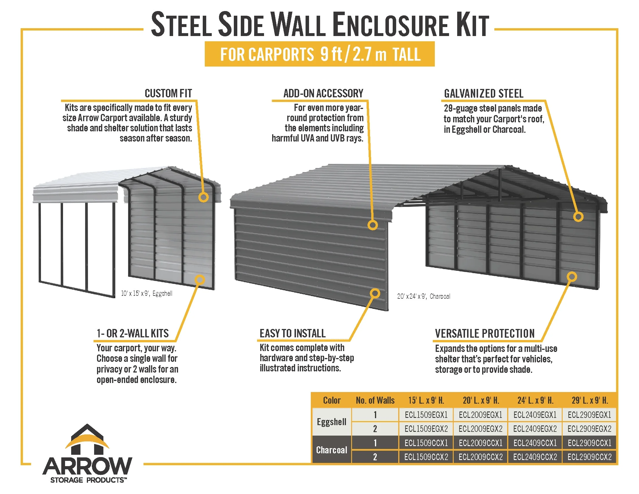 Arrow Carports Galvanized Steel Carport, with 1-Sided Enclosure, Compact Car Metal Carport Kit, 10' x 29' x 9' , Eggshell