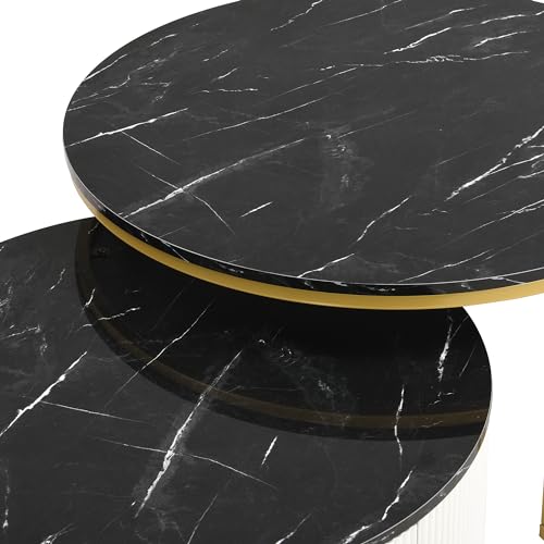 Modern Round Nesting Coffee Table Fluted with Drawer in White & Gold in 31.5''