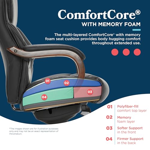La-Z-Boy Delano Big & Tall Executive Office Chair, Ergonomic Mid-Back Body Pillow Lumbar Support, ComfortCore Memory Foam Cushion, Mahogany Wood Arms & Swivel Base, Bonded Leather, Chestnut Brown