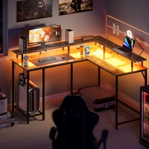 L Shaped Gaming Desk, Computer Desk with Power Outlets, LED Lighting, Home Office Desk,Grey
