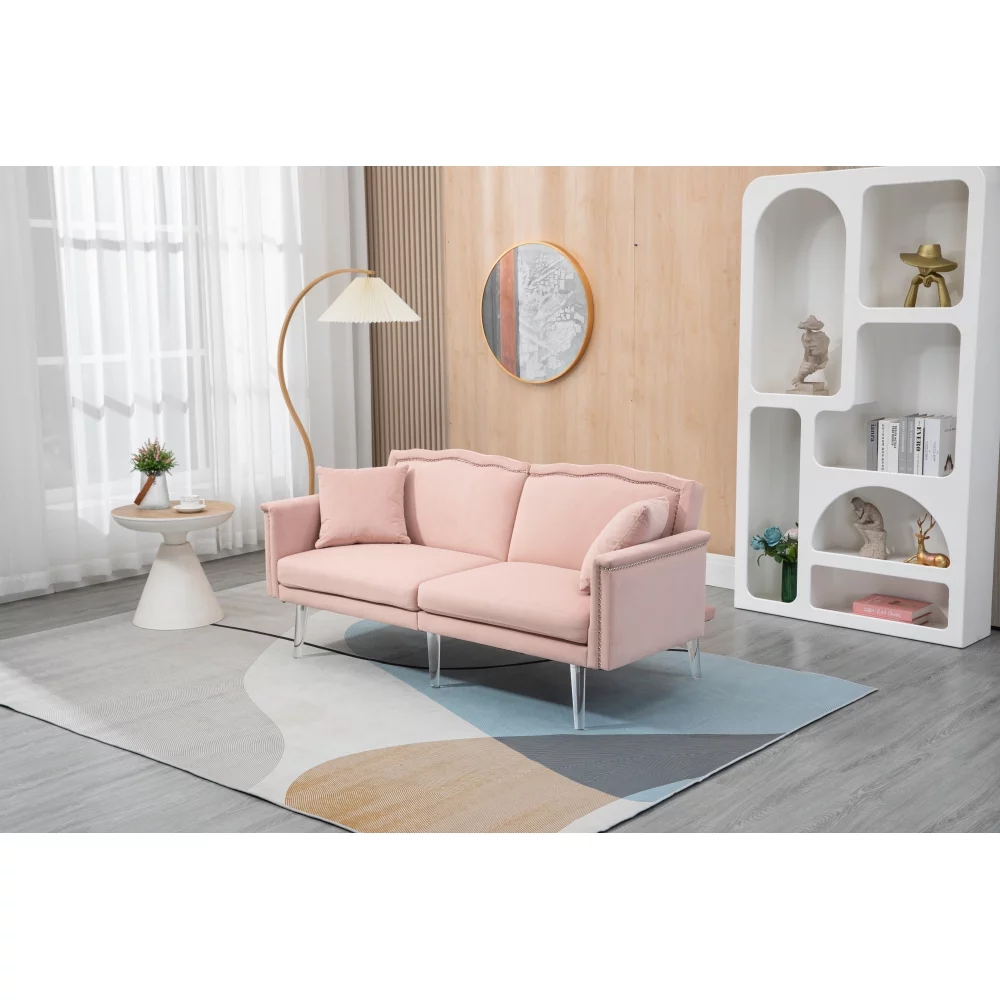 Velvet Couch, 3-Seater Loveseat Couches for Living Room, Mid Century Modern Tufted Sofa for Small Space, Bedroom, Apartment, Home Office,Pink