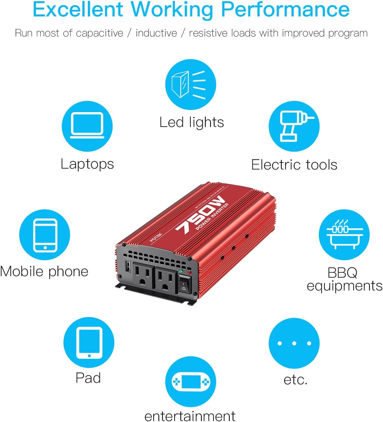 POTEK 500W Car Power Inverter DC 12V to AC 110V with 2AC outlets and 2A USB Port