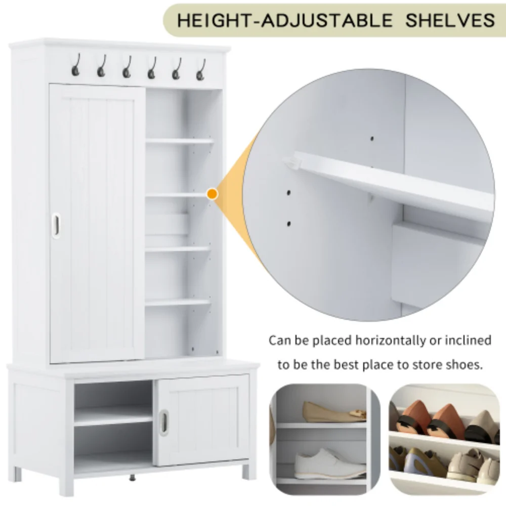 Multifunctional Hall Tree with Sliding Doors, Wooden Hallway Shoe Cabinet with Storage Bench and Shelves, Mudroom Coat Storage with Hanging Hooks for Entryways, White