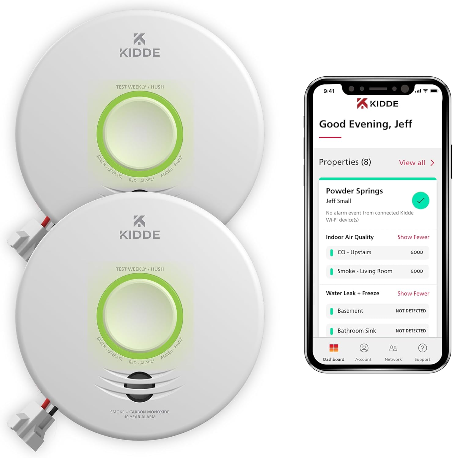 Kidde Smart Smoke & CO Detector WiFi Alexa Compatible Hardwired w/Battery Backup Voice App Alerts Smoke Detector 2 Pack