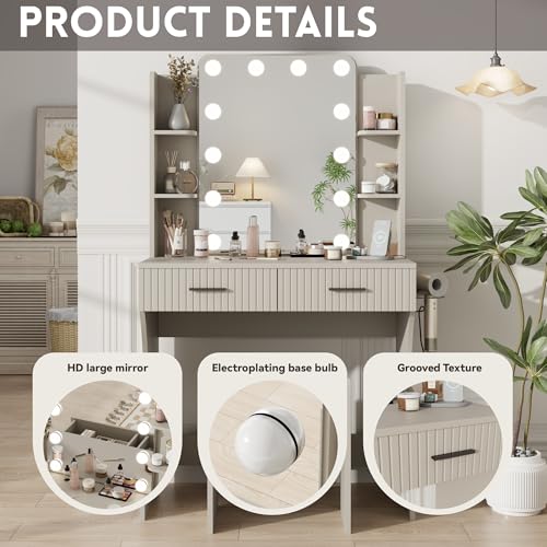 Vanity Desk with LED Lighted Mirror, Makeup Vanity with 3 Adjustable Lights, 2 Large Drawers and 4 Open Shelves, White Vanity with Storage Stool for Bedroom