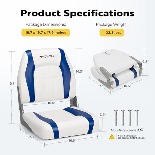 VIVOHOME Folding Low Back Boat Seats 2 Pack, Waterproof Boat Captain Chairs, 4 Mounting Screws Included, White and Red