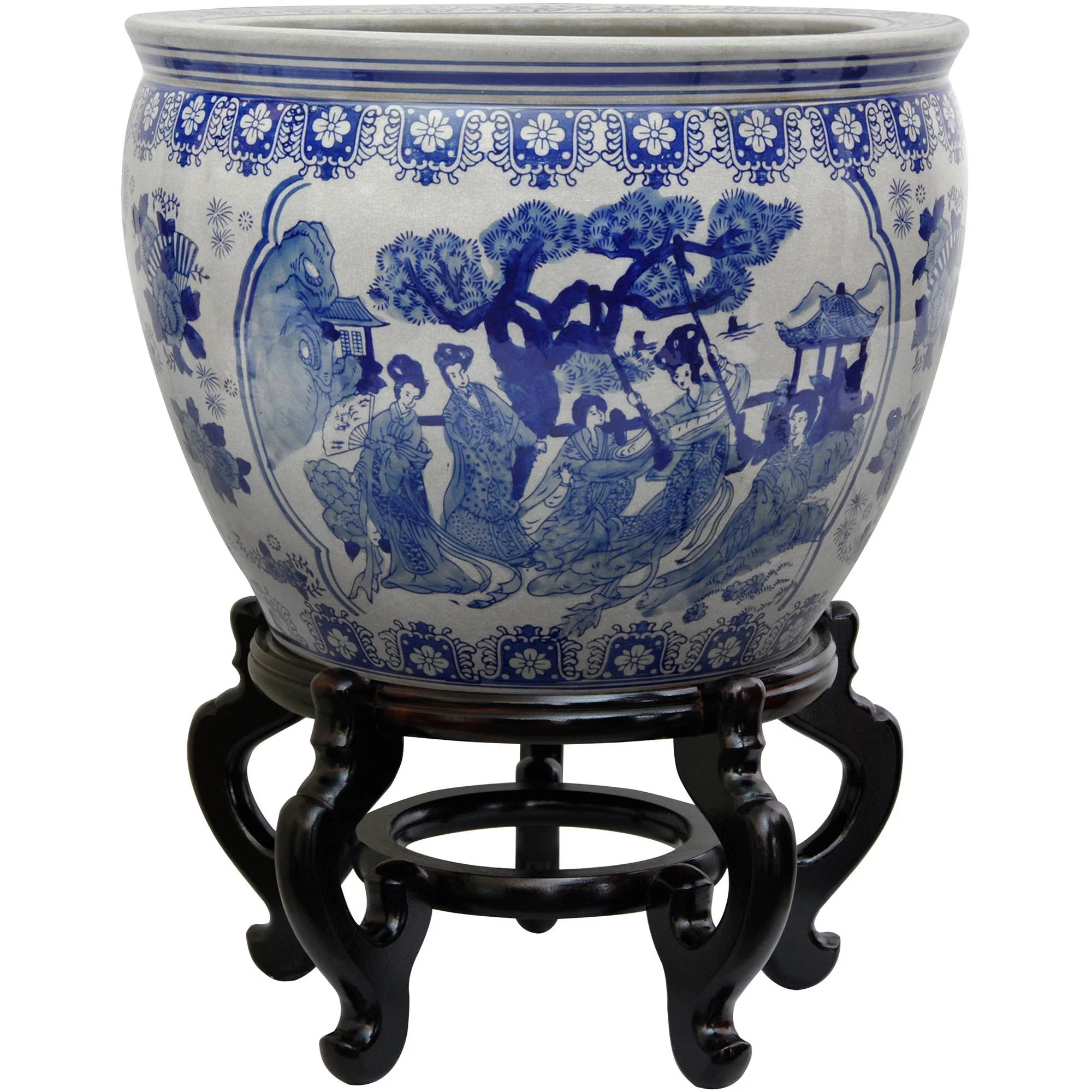 Oriental Furniture 16" Ladies Fishbowl, Blue & White Porcelain