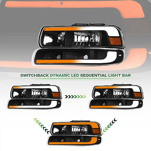 Switchback Sequential LED Strip Tube Bar Chrome Housing Crystal Headlights With Signal Bumper Lamps Amber Reflector 4-Pieces nb Compatible With 99-02 Chevy Silverado / 00-06 Suburban Tahoe