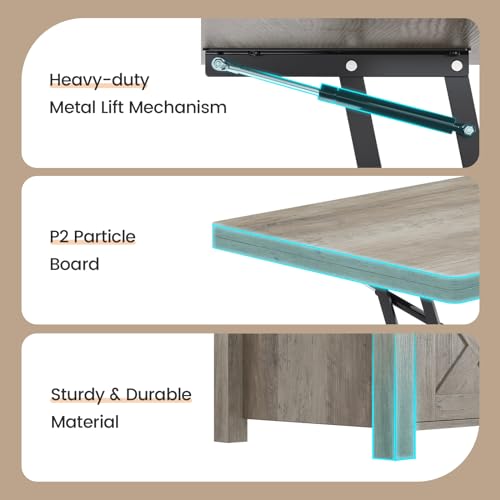 SEDETA Lift Top Coffee Table, 4 in 1 Multi-Function Convertible Coffee Tables with Storage and Hidden Compartment, Farmhouse Coffee Table Converts to Dining Table for Living Room, Grey