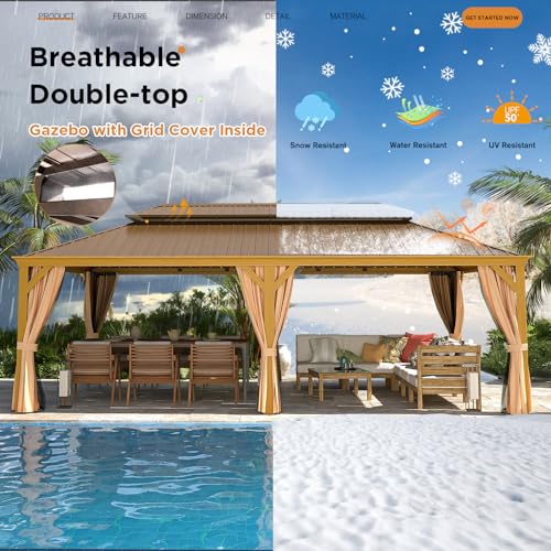 EROMMY 14'x20' Hardtop Gazebo Double Roof Galvanized Steel Canopy Outdoor Aluminum Frame Permanent Metal Pavilion with Netting and Curtains for Patio Backyard Deck and Lawns