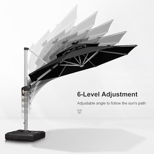PURPLE LEAF 10ft Patio Umbrella With Base Solar powered LED Cantilever Umbrella with LED lights Windproof Outdoor Offset Umbrella for Garden Deck Pool Patio, Navy Blue