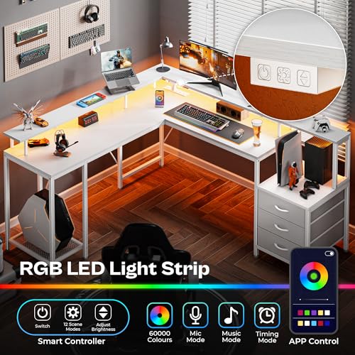 L Shaped Gaming Desk with LED Lights and Power Outlets, Computer Desk with Drawers, 66.1 Inches Corner Desk, Home Office Desk with Printer and Monitor Stand, Large Storage, Rustic Brown