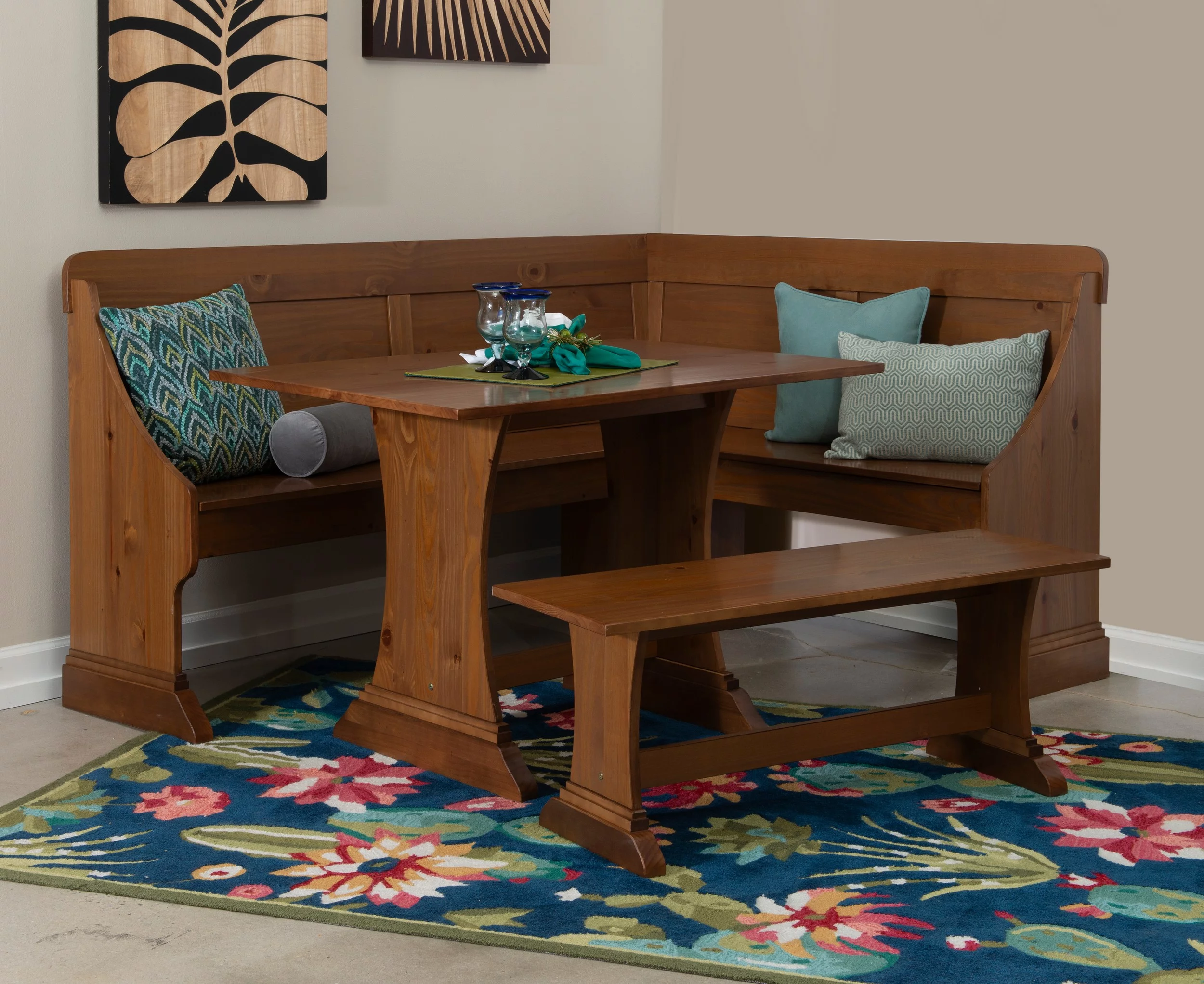 Linon Midwest Wood Corner Dining Breakfast Nook with Table and Storage, Seats 5-6, Natural Pine