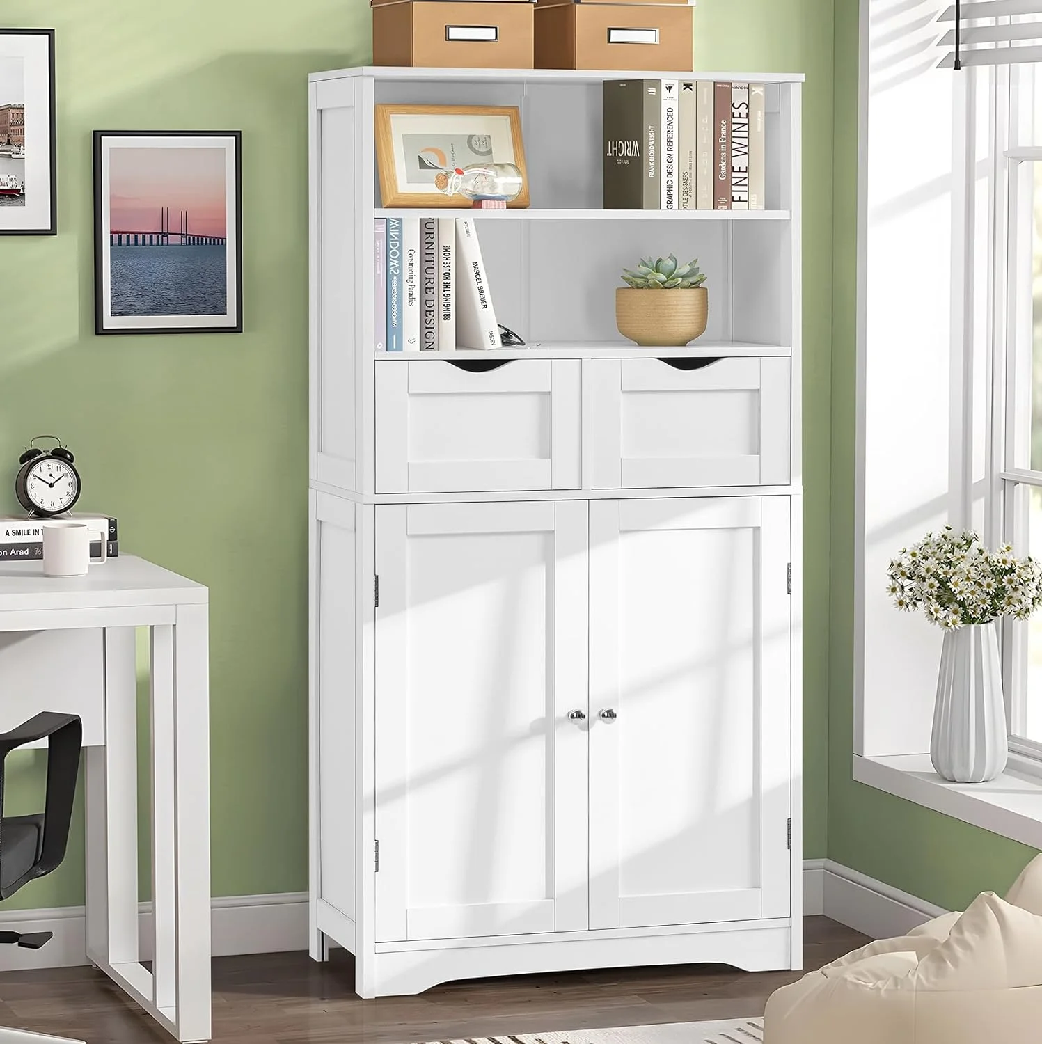 YINCHEN Tall Bathroom Cabinet, Storage Cabinet with 2 Drawers & Adjustable Shelves, Bathroom Floor Cabinet for Living Room, Bedroom, Entryway, White