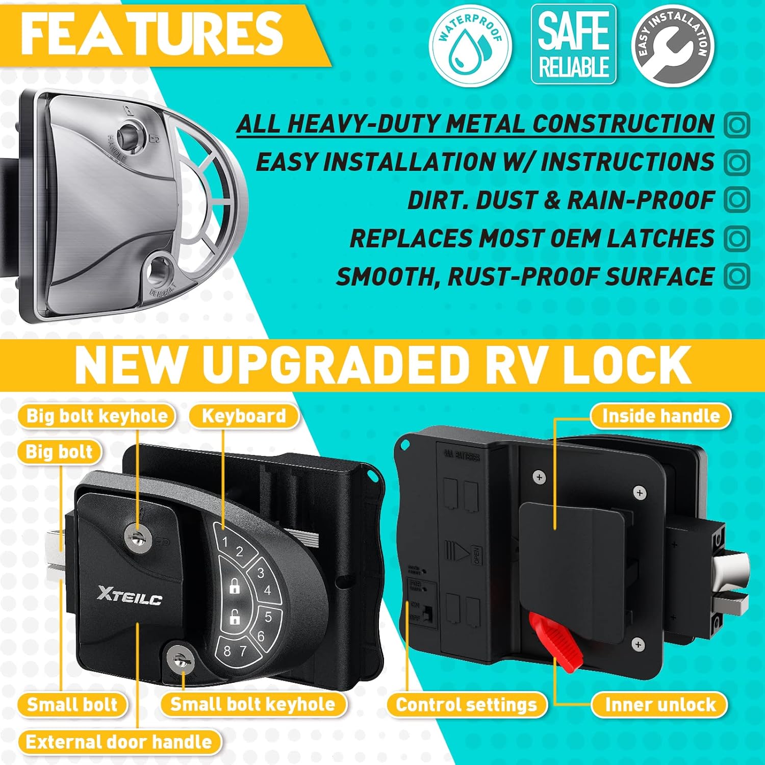 XTEILC RV Keyless Entry Door Lock, Keyless Entry RV Door Lock,Camper Door Lock Keyless Entry| 2 Fobs and Backlit Keypad,Deadbolt, Keypad|Will Only Fit 2.75 x 3.75 Lock Hole