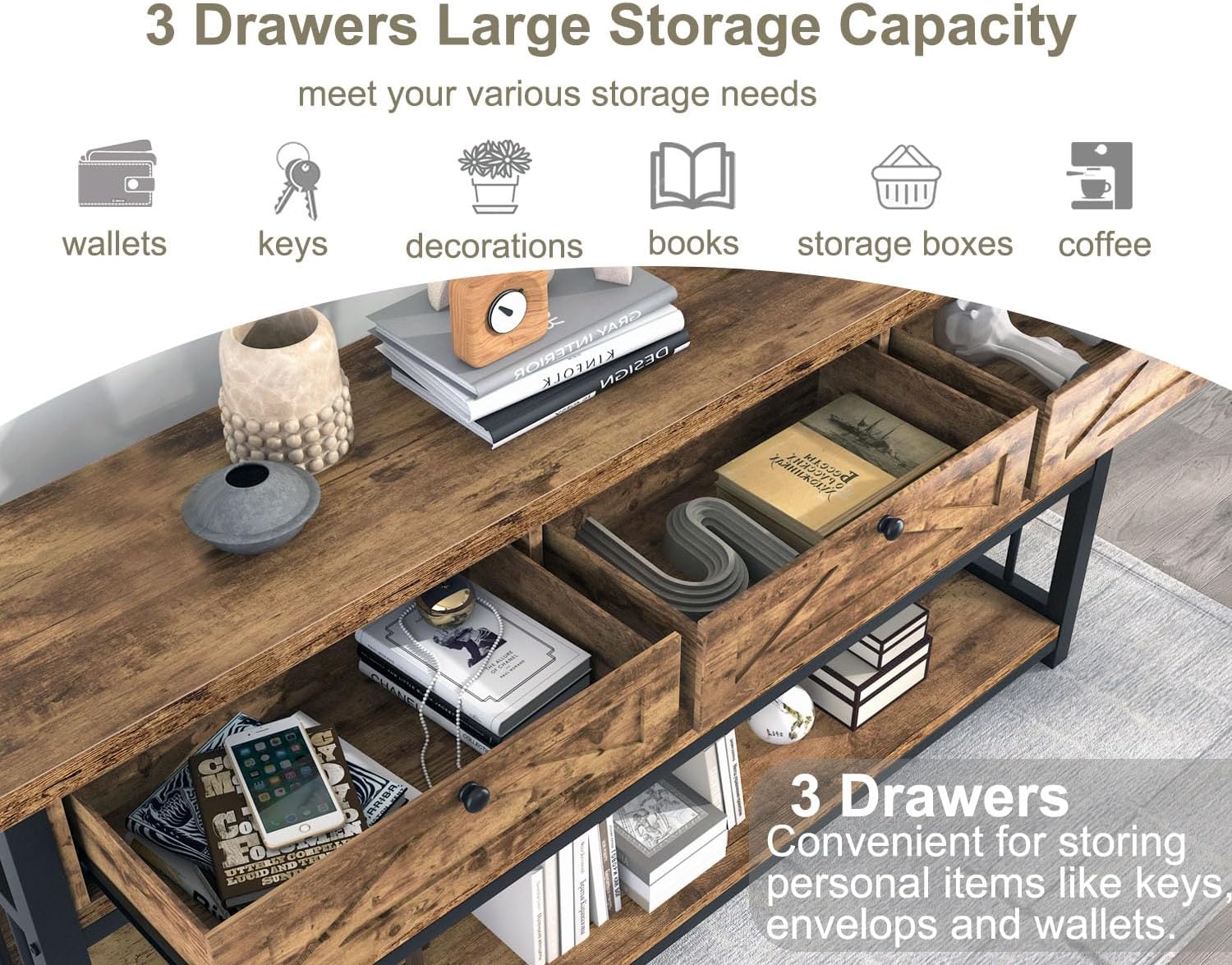 HSH Entryway Console Table with 3 Drawers, Wood Metal 3 Tier Sofa Table with Storage Shelf for Hallway, Farmhouse Industrial Entry Tables Behind Couch for Living Room Kitchen, Rustic Brown, 55 inch
