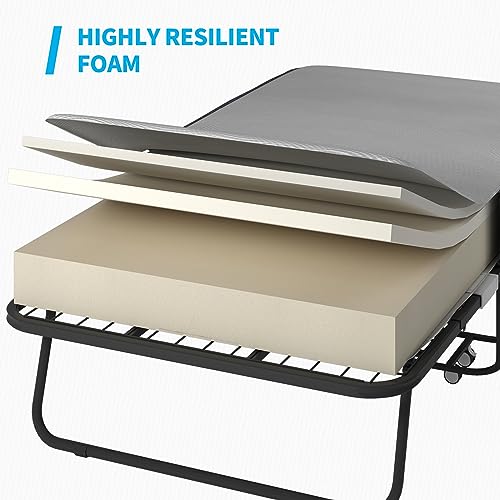 Mjkone Folding Bed with 5 Inch Memory Foam Mattress, Single Rollaway Bed for Guests, Space Saving Portable Bed with Lockable Wheels, Easy Assembly & Moving, 75 x 46 (Upgraded)