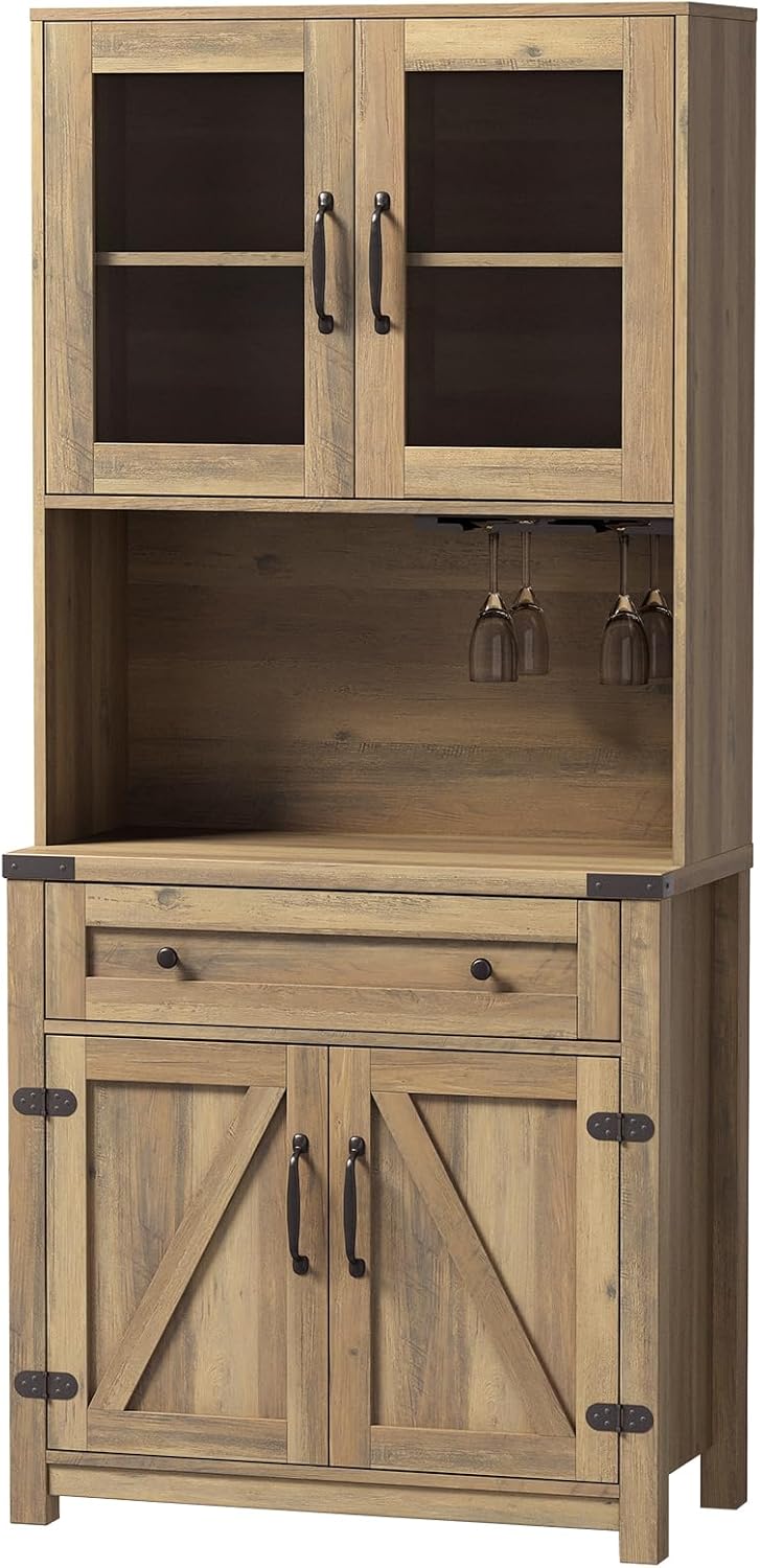 Farmhouse Bar Cabinet,Wooden Tall Wine Rack Kitchen Hutch Storage Cabinet Buffet Sideboard Cabinet Double Barn Door Accent Bar Cabinet with Goblet Holder for Home Kitchen,Dining Room