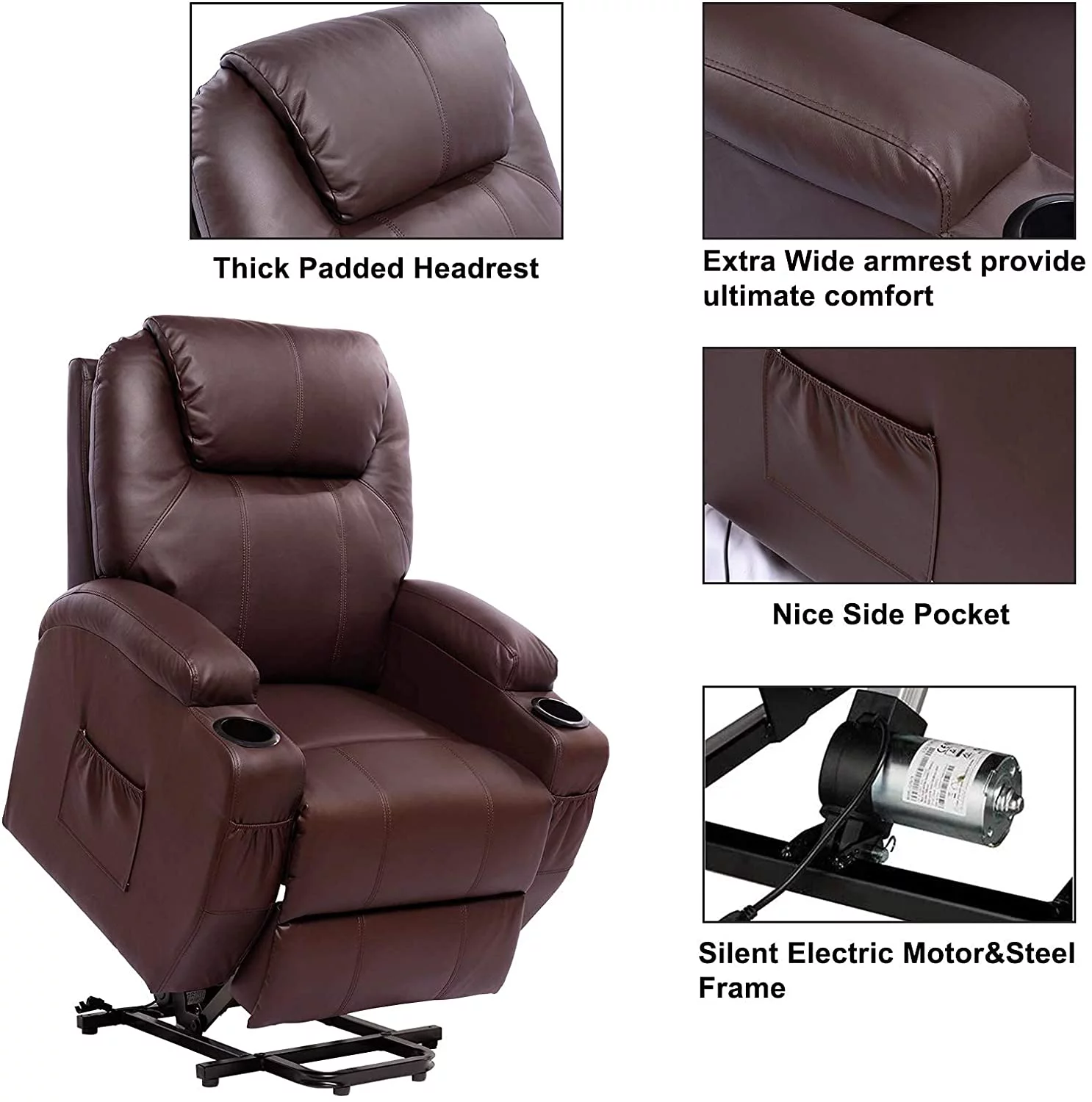 Polar Aurora Living Room Power Lift Massage Recliner Chair for Elderly PU Leather Heated Recliner Ergonomic Lounge Vibratory Massage Function with Cup Holders/Heating/Remote Control