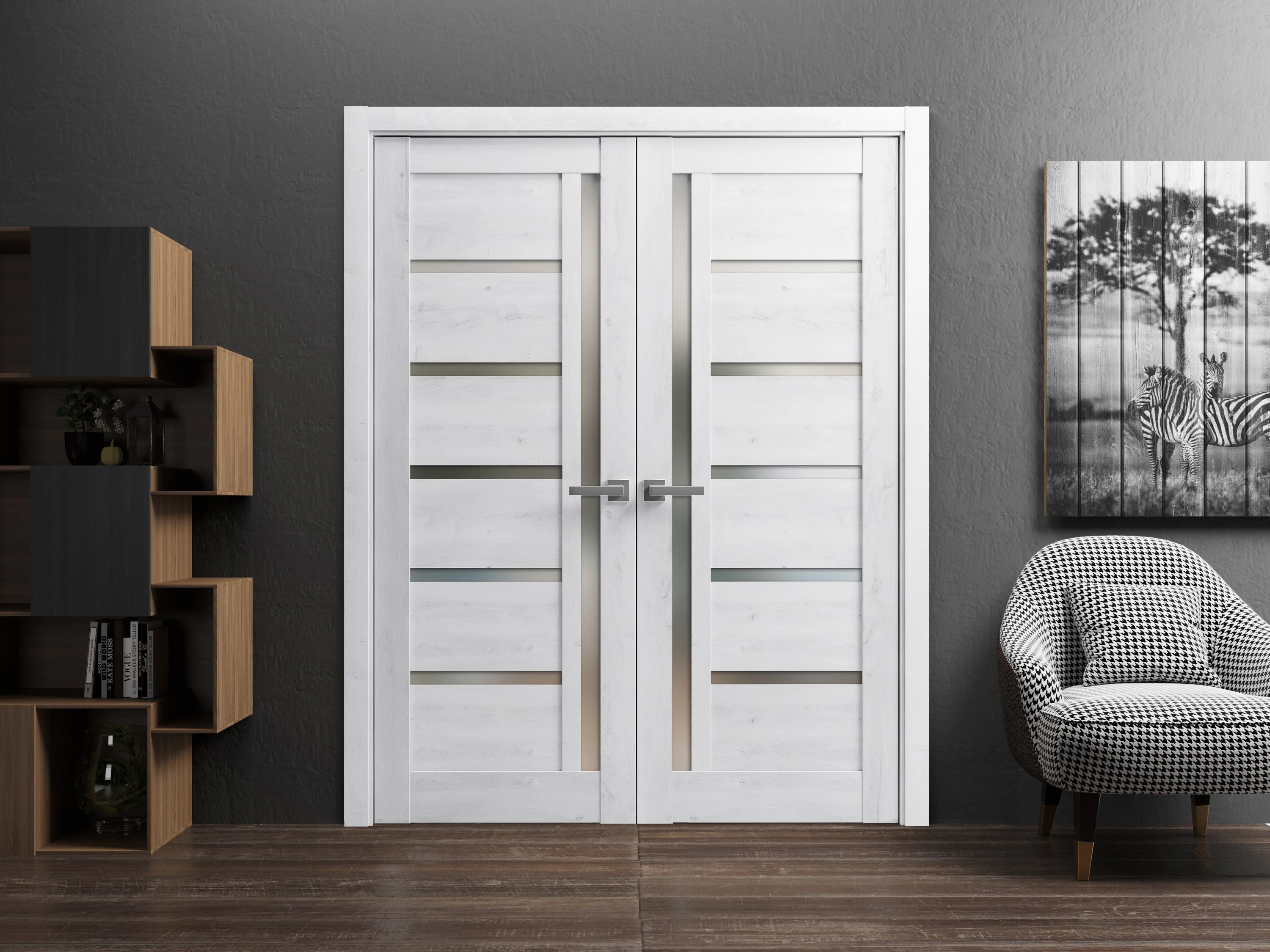 Solid French Double Doors 64 x 96 inches | Quadro 4088 Nordic White with Frosted Glass | Wood Solid Panel Frame Trims | Closet Bedroom Sturdy Doors