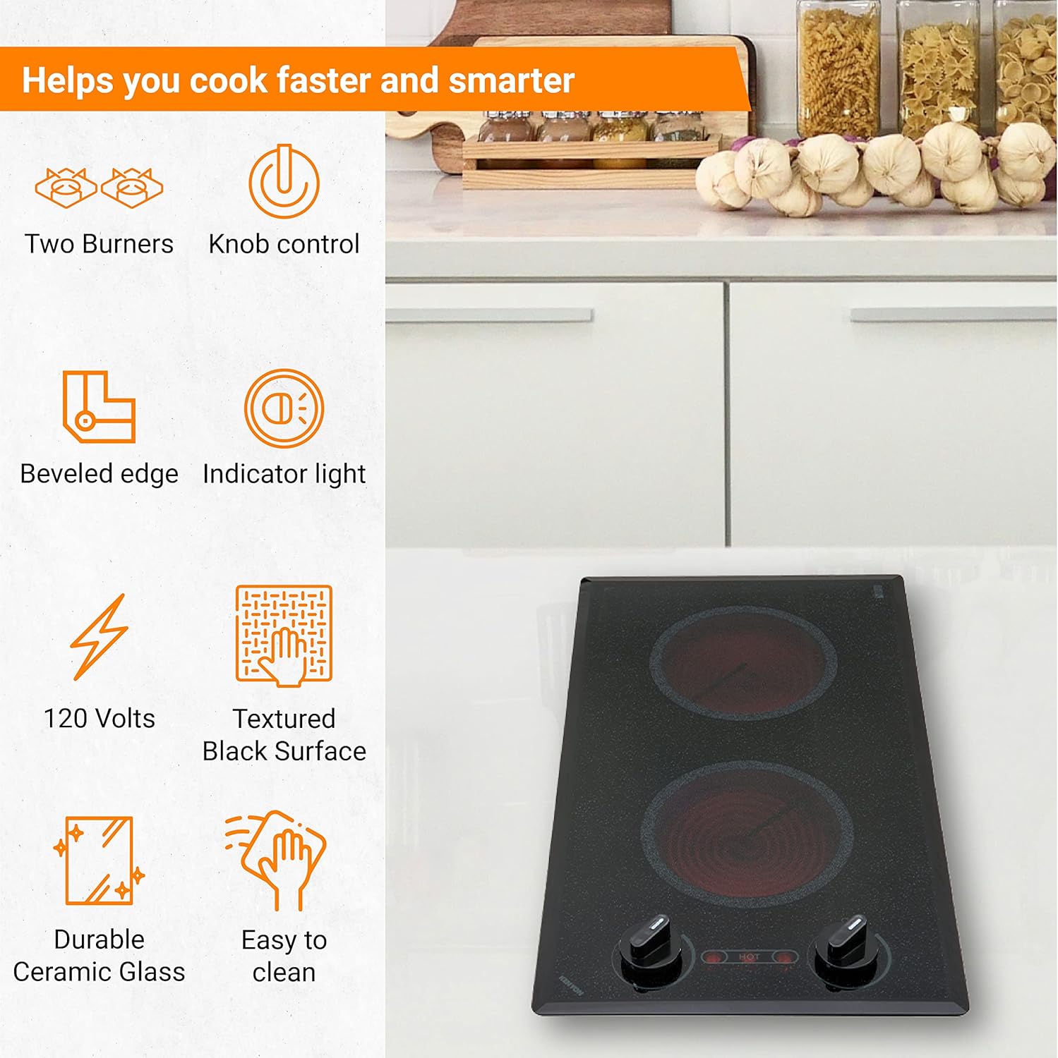 Kenyon Mediterranean 2-Burner Small Cooktop, Electric Cooktop for Energy-Efficient Cooking, Knob Control, Portrait Cooktop, 120-Volt, Black
