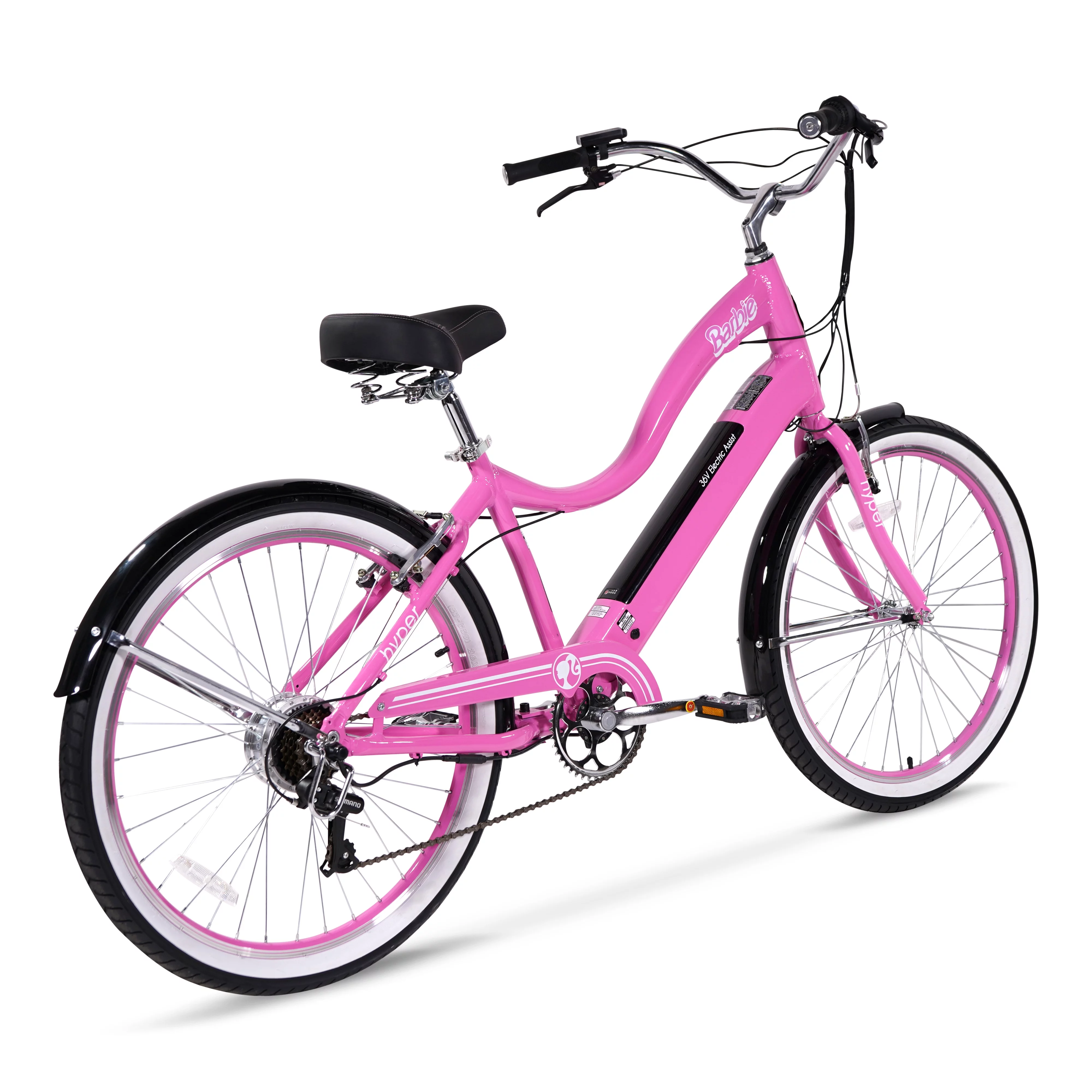 Hyper Bicycles Barbie 26" Ladies 36V Electric Cruiser E-Bike with Pedal-Assist, for adults, 250W Motor, Pink