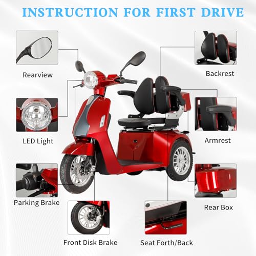 Heavy Duty 3 Wheel Scooter for Adults,All Terrain Mobility Scooter 500lbs Capacity,800W Powered Mobility Scooters Handicap Mobility Scooter for Travel with Full Set Lights (Red-AFD3L)