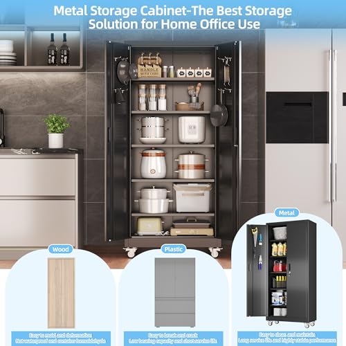 Aobabo Garage Storage Cabinet with Wheels,72" H Metal Storage Cabinet with 2 Doors and 4 Adjustable Shelves for Garage Home, Black,Required-Assembly