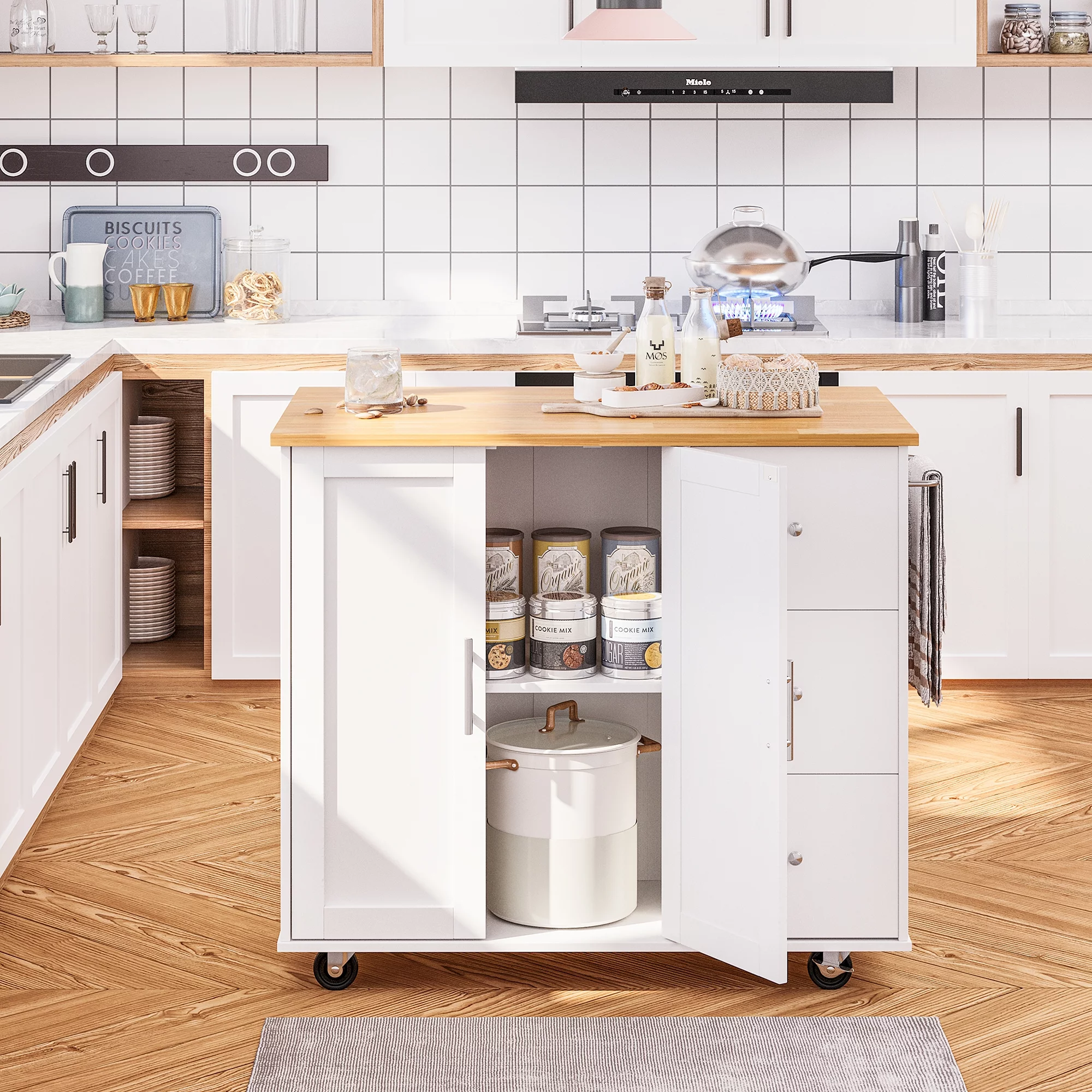 Walsunny Kitchen Island on Wheels with Storage Cabinet & 3 Drawer, 39.7" Width Rolling Kitchen Table, Cart Handle for Towel Rack or Free Mobility Black
