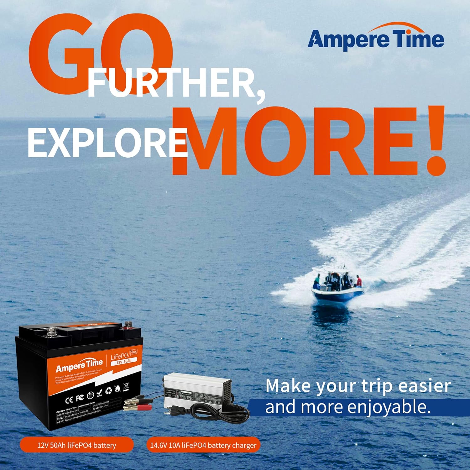 Ampere Time 12V 50Ah LiFePO4 Battery with 14.6V 10A Dedicated Lithium Battery Charger; Built-in 50A BMS, 4000+ Cycles, for Bass Boats, Trolling Motors, Monitoring Device, RV, Solar application…