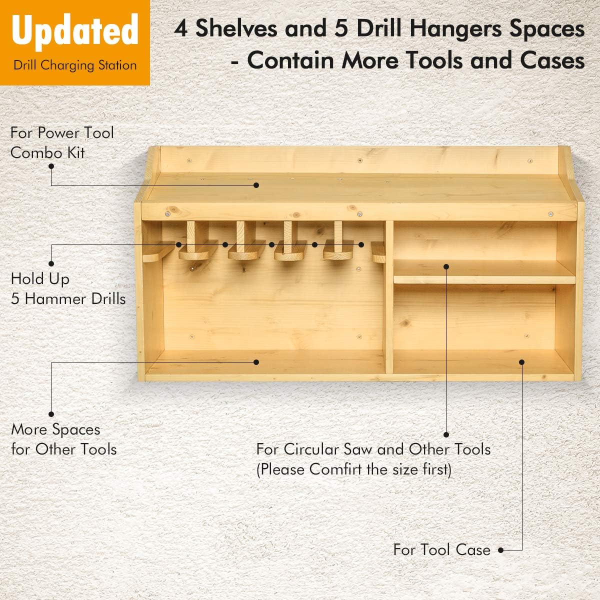 Power Tools Storage Organizers and Cabinets, Drill Charging Station, 5 Drill Hanging Slots, Wall Mount Impact Drivers Storage Dock with Widened Room for Circular Saw, Impact Wrench, Screwdriver Drill