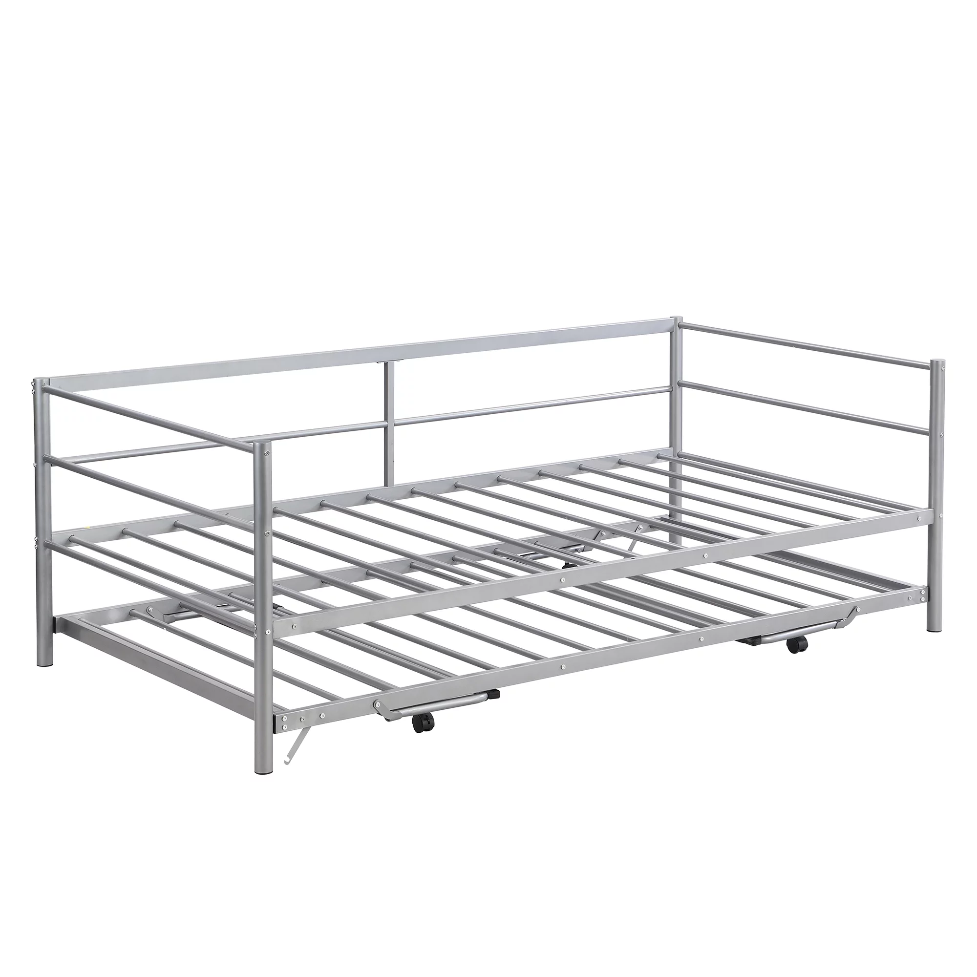 Euroco Metal Twin Size Platform Bed, Convertible Daybed with Trundle Bed, Pop Up Trundle for Guests and Extra Storage, Silver
