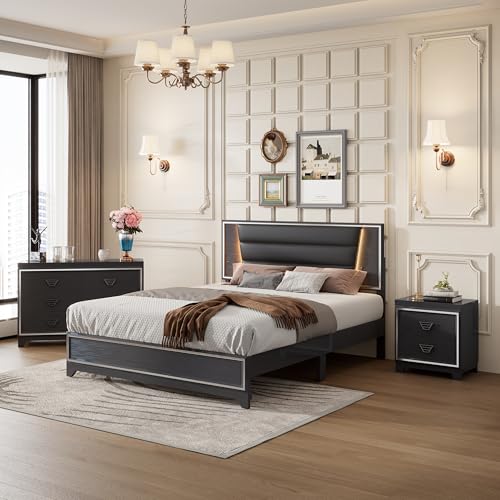 Harper & Bright Designs 3-Pieces Bedroom Sets Queen Size Upholstered Bed with LED Lights, Nightstands and Dresser with Metal Handles and Sparkling Shiny Decoration, White