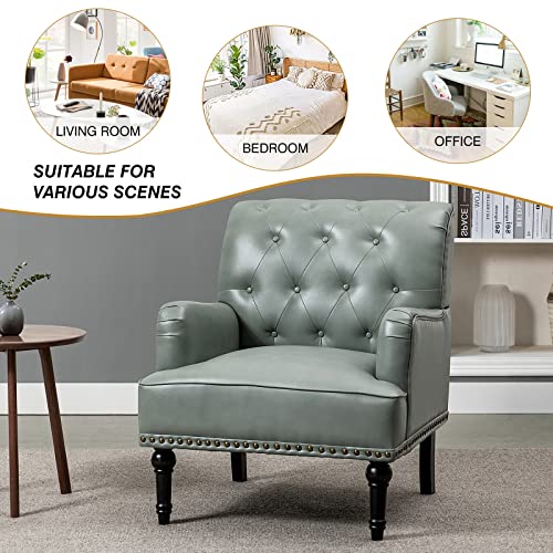 HULALA HOME Faux Leather Accent Chair with Button-Tufted Back, Comfy Upholstered Armchair with Nail Head Trim and Retro Wood Legs, Single Sofa Chair for Living Room Bedroom,SAGE