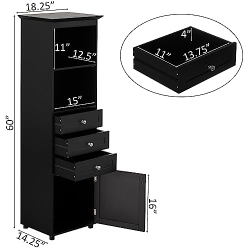 Tall Freestanding Storage Organizer Linen Tower, Vanity, Bathroom Cabinet with 2 Open Shelves, 3 Drawers, and a Closet, Black