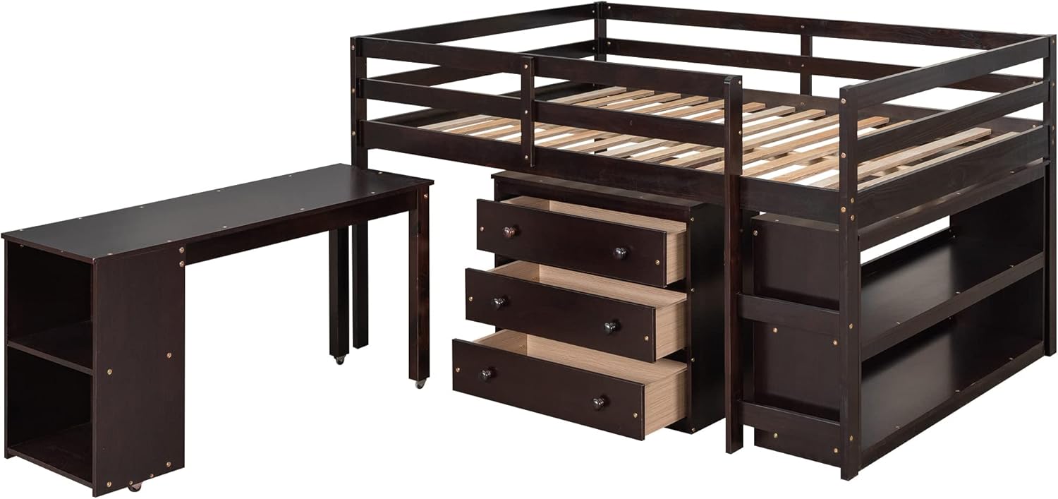 Low Study Full Loft Bed with Cabinet,Shelves and Rolling Portable Desk,Multiple Functions Bed- Espresso