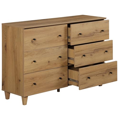 WAMPAT TV Stand with 6 Drawers for 55 Inches TVs & 1 End Table with 2 Drawers and Charging Station for Bedroom, 2 Pieces Modern Wood Living Room Funiture Table Sets, Oak Brown